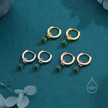 Sterling Silver Emerald Green Cz Droplet Hoop Earrings, 7 of 12