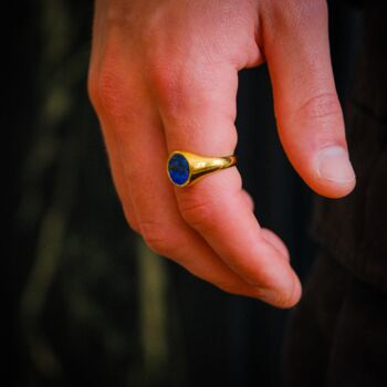 Mens Ring Lapis Lazuli Oval Steel Signet Ring, 9 of 11