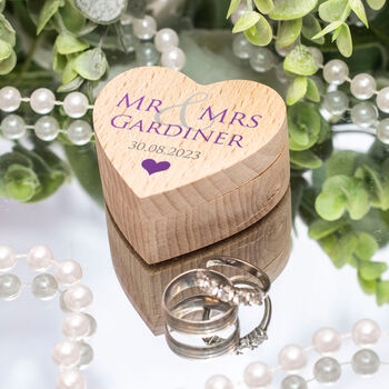 Mr And Mrs Printed Wooden Heart Wedding Ring Box, 2 of 3