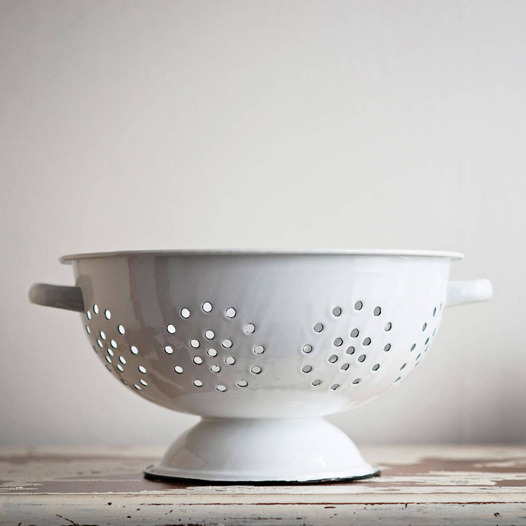 White Enamel Colander By The Little House Shop