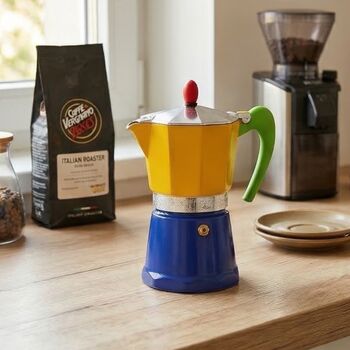 Italian Moka Pot Espresso Maker In Yellow And Blue, 3 of 5