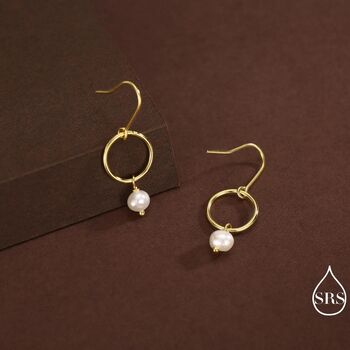 Genuine Freshwater Pearl And Circle Dangle Drop Earrings In Sterling Silver, 3 of 11