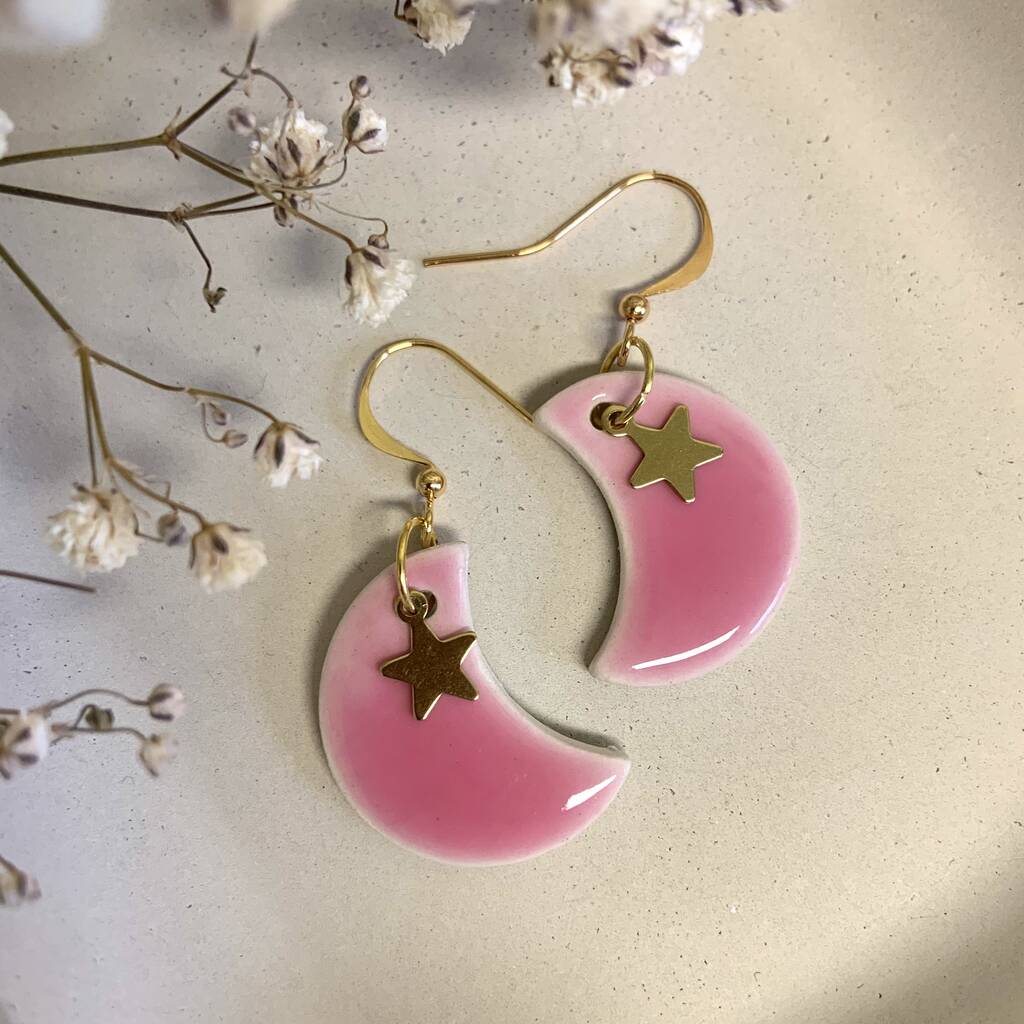 Pink Moon And Star Ceramic Earrings Gold Plated, 1 of 8