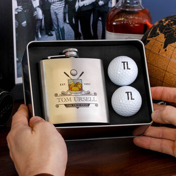 Personalised Golf Hip Flask Whiskey Tin And Golf Balls, 3 of 3
