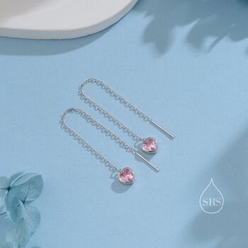 Tiny Pink Cz Heart Threader Earrings In Sterling Silver, 5 of 12