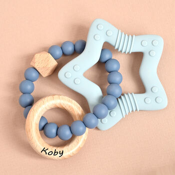 Personalised Blue Wood And Silicon Teether For Baby, 2 of 3