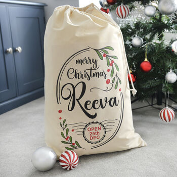 Personalised Christmas Holly Cotton Sack, 3 of 3