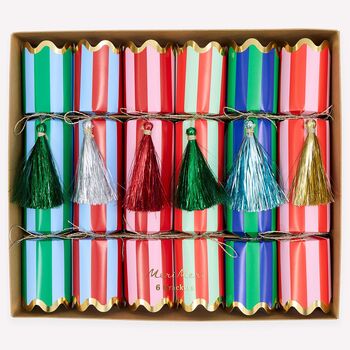 Set Of Six Striped Tinsel Tassel Christmas Crackers, 2 of 6