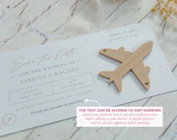 Beige Wedding Boarding Pass Save The Date With Beige Magnetic Plane, 5 of 7