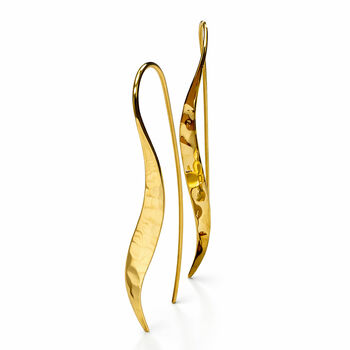 Hammered Gold Long Wave Sterling Silver Drop Earrings, 3 of 5