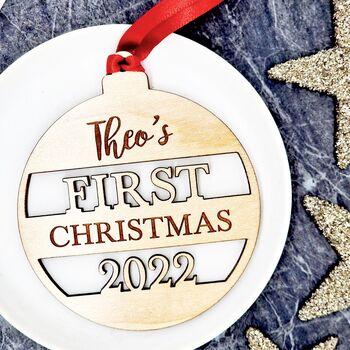 Personalised Wooden First Christmas, Keepsake Bauble, 6 of 7