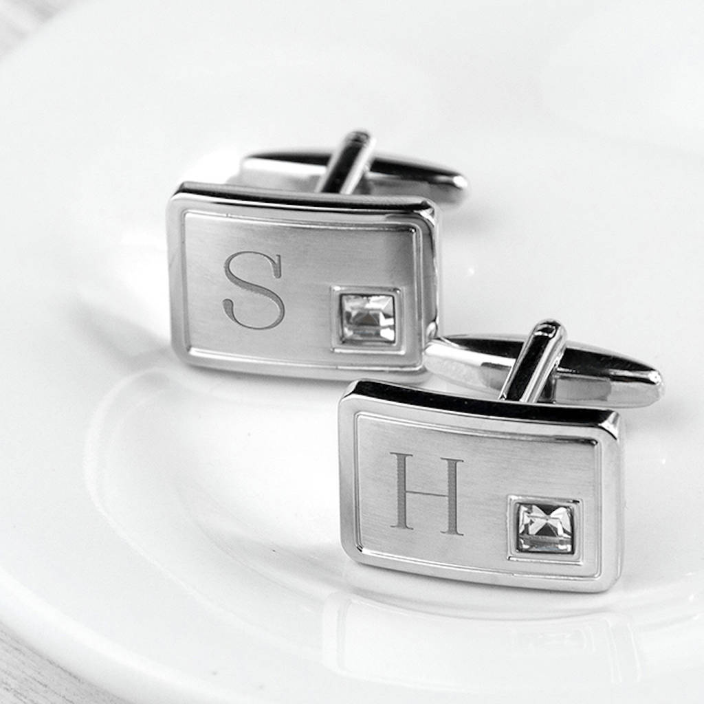 Image of Monogramed Brushed Silver Cufflinks With Crystal, Silver
