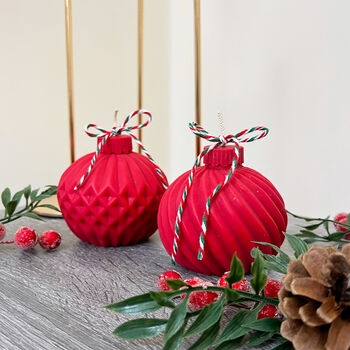 Red Christmas Candle With Christmas Tree Bauble Design, 3 of 11