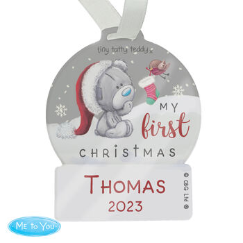 Personalised Tiny Tatty Teddy First Christmas Acrylic Snow Globe Tree Decoration, 4 of 4