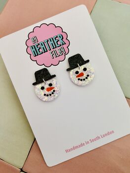 White Snowman Glitter Resin Christmas Earrings / Festive Jewellery / Winter Wonderland Jewellery, 7 of 7