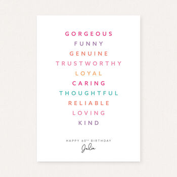 Personalised 60th Birthday Print For Her Meaningful Word Art Gift For Mum Friend Sister Keepsake Wall Art, 2 of 6