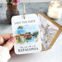 Save The Date Tag With Wedding Destination Illustration, thumbnail 2 of 12