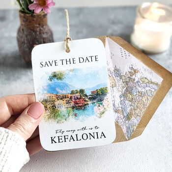 Save The Date Tag With Wedding Destination Illustration, 2 of 12