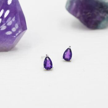 Sterling Silver Tiny Genuine Amethyst Droplet Stud Earrings, 2 of 11