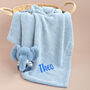 Personalised Blue Knitted Baby Blanket And Elephant Rattle Gift Set, thumbnail 6 of 12