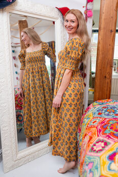 Tilly Block Print Dress Mustard, 3 of 3