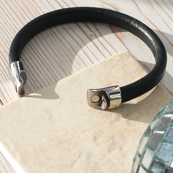 Dubh Leather Personalised Chrome Plated Mens Bracelet, 4 of 8