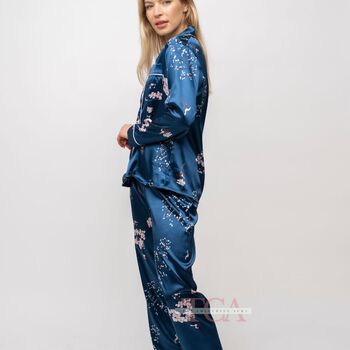 Blue Printed Soft Satin Long Sleeve Luxury Pyjama Set, 7 of 9
