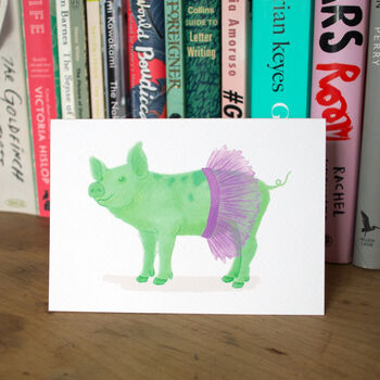 Green Ballerina Pig Illustrated Blank Greeting Card, 3 of 11