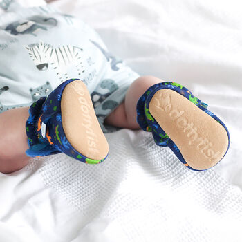 Dotty Fish Dinosaur Cotton Baby Booties With Fleece Lining And Barefoot Soles, 3 of 8