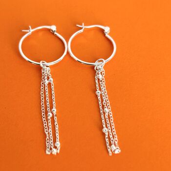 Sterling Silver Beaded Triple Chain Link Drop Hoop Earrings, 2 of 4