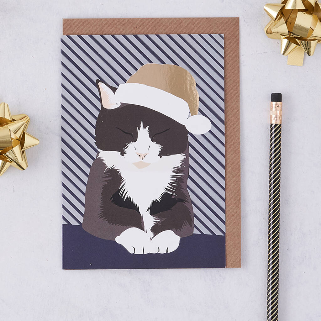 Christmas Cat With Gold Santa Hat Christmas Card