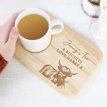 Personalised Highland Cow Wooden Tea And Biscuit Board Coaster Tray, 4 of 4
