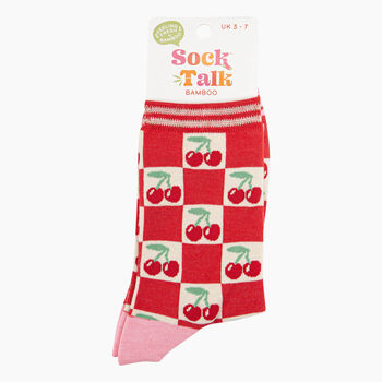 Women's Bamboo Socks Cream/Red, Cherry Squares, 4 of 4