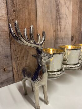 Silver Stag Triple Tealight Holder Metal And Glass Ornament Candle Holder, 4 of 8