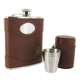 Spanish Leather Engraved Hip Flask Gift Set, 2 of 9