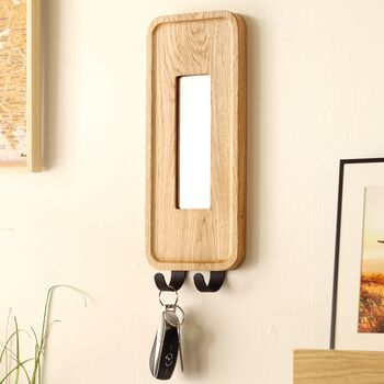Personalised Solid Oak Wall Mirror With Key Hooks – Engraved Hallway Key Holder, 4 of 8
