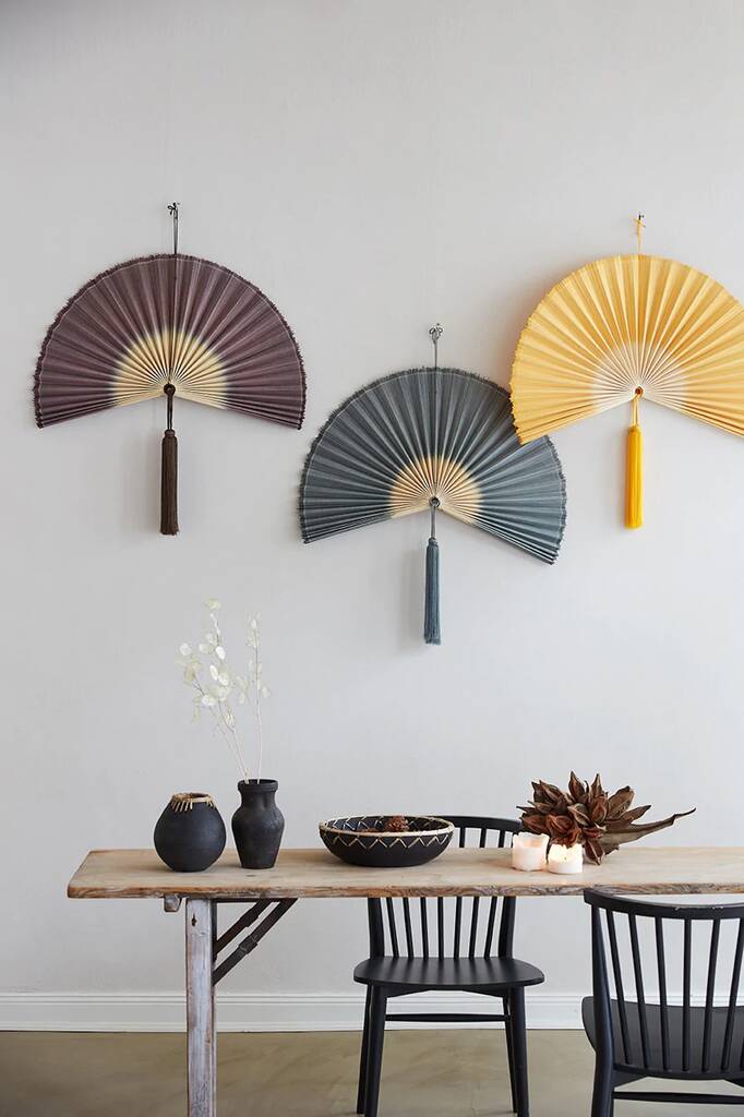 Yellow Bamboo Oriental Fan Wall Hanging By Heliotique