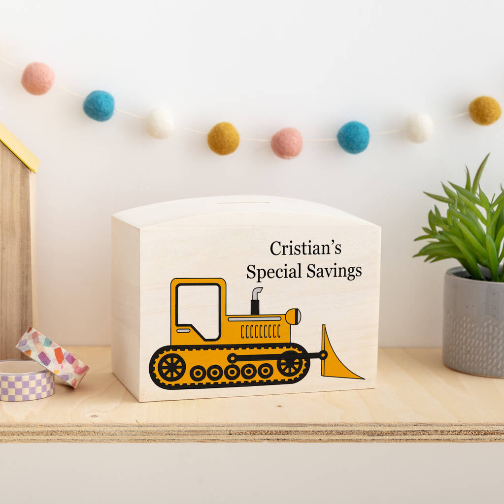 Personalised Bulldozer Construction Wooden Piggy Bank, 1 of 4