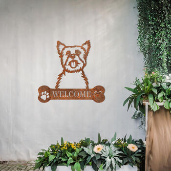 Custom Yorkshire Terrier Welcome Metal Wall Art Sign For Home And Garden Decor, 7 of 11