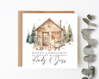 Personalised Christmas Woodland Cabin Scene Card, 2 of 4