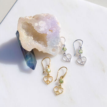 Peace Heart Peridot Sterling Silver/Gold Statement Earrings, 2 of 8