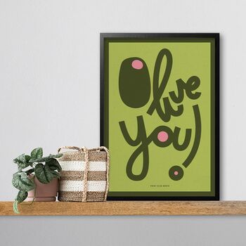 Retro Illustrated Olive You Print, Food Art Illustration, Nostalgic Colourful Foodie Stylised Home Décor, A5 A4 A3 A2 A1, 2 of 4