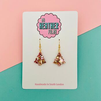 Caramel Swirl / Gold And Pink Glitter Christmas Tree Earrings, 2 of 2