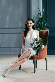 White Sequin Midi Wedding Dress With Deep Plunge And Open Back, 7 of 12