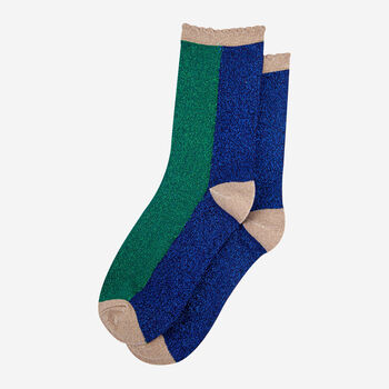Women's Glitter Socks Forest Green Navy Blue Colour Block, 3 of 3