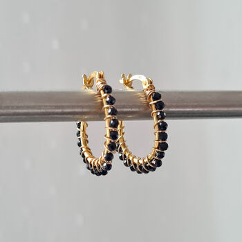 Black Spinel And Gold Wire Wrapped Hoop Earrings, 2 of 6