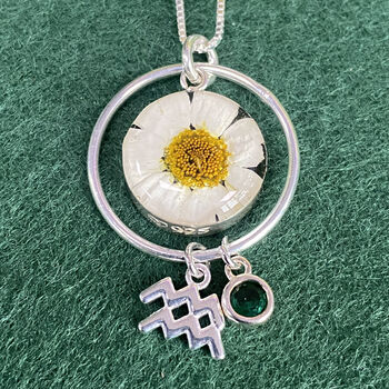 Sterling Silver Handmade Real Flower Necklace With Personalised Birthstone And Zodiac Charm, 11 of 12