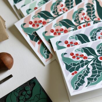 Candy Stripes And Holly Leaves Linocut Notecard Set Of Eight, 5 of 12