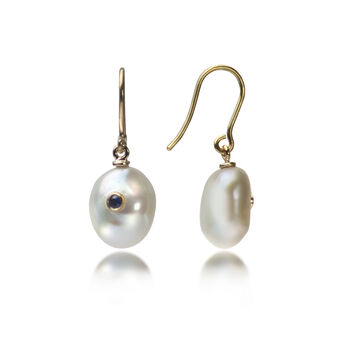 Keshi Pearl Earrings With Blue Sapphire In Solid Gold, 3 of 5