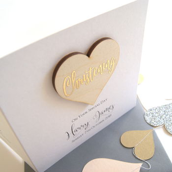 Personalised Christening Or Baptism Wooden Heart Card, 2 of 6